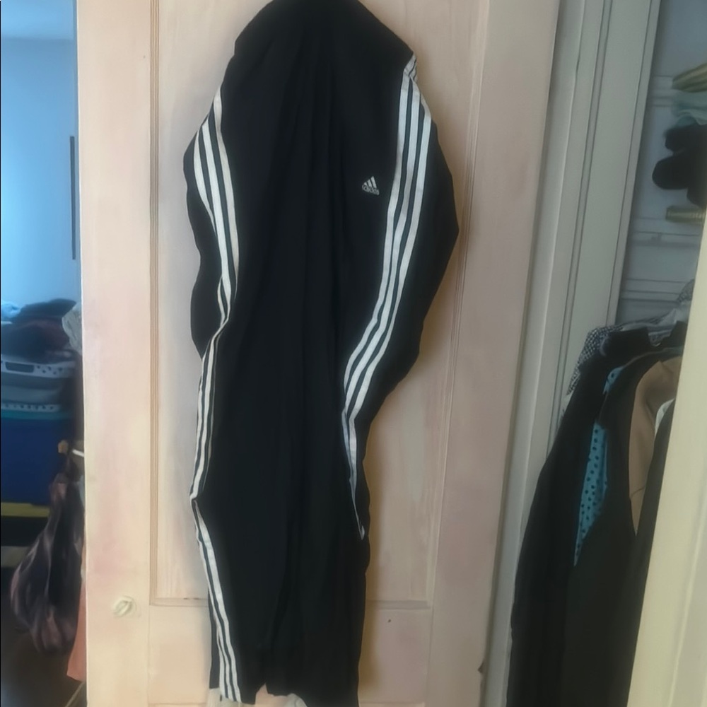 Adidas Black Track Pants with White Stripes with zippers and lined